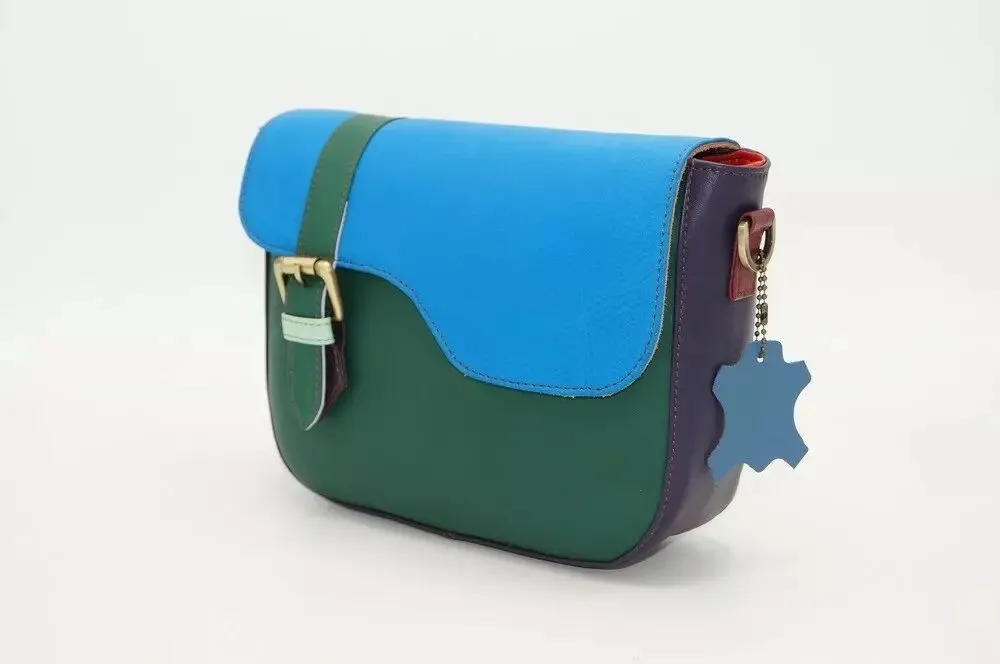 Besace originale en cuir bleu et vert unique