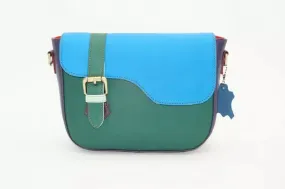 Besace originale en cuir bleu et vert unique