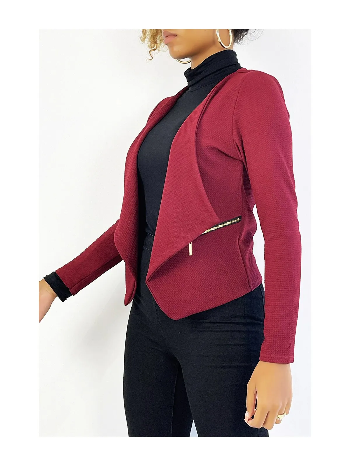 Blazer bordeaux col revers avec poches à zip. Blazer femme pas cher