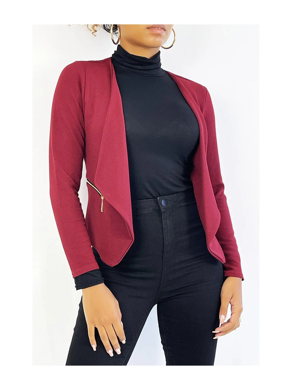 Blazer bordeaux col revers avec poches à zip. Blazer femme pas cher