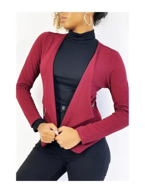 Blazer bordeaux col revers avec poches à zip. Blazer femme pas cher