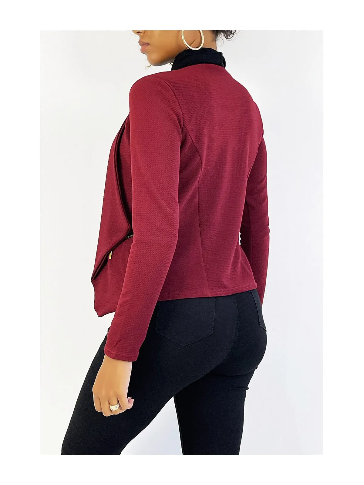 Blazer bordeaux col revers avec poches à zip. Blazer femme pas cher