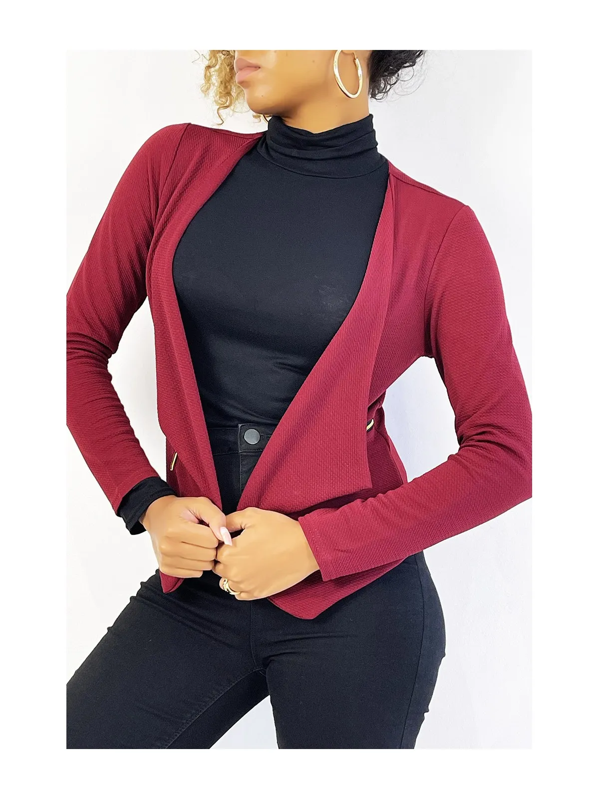 Blazer bordeaux col revers avec poches à zip. Blazer femme pas cher