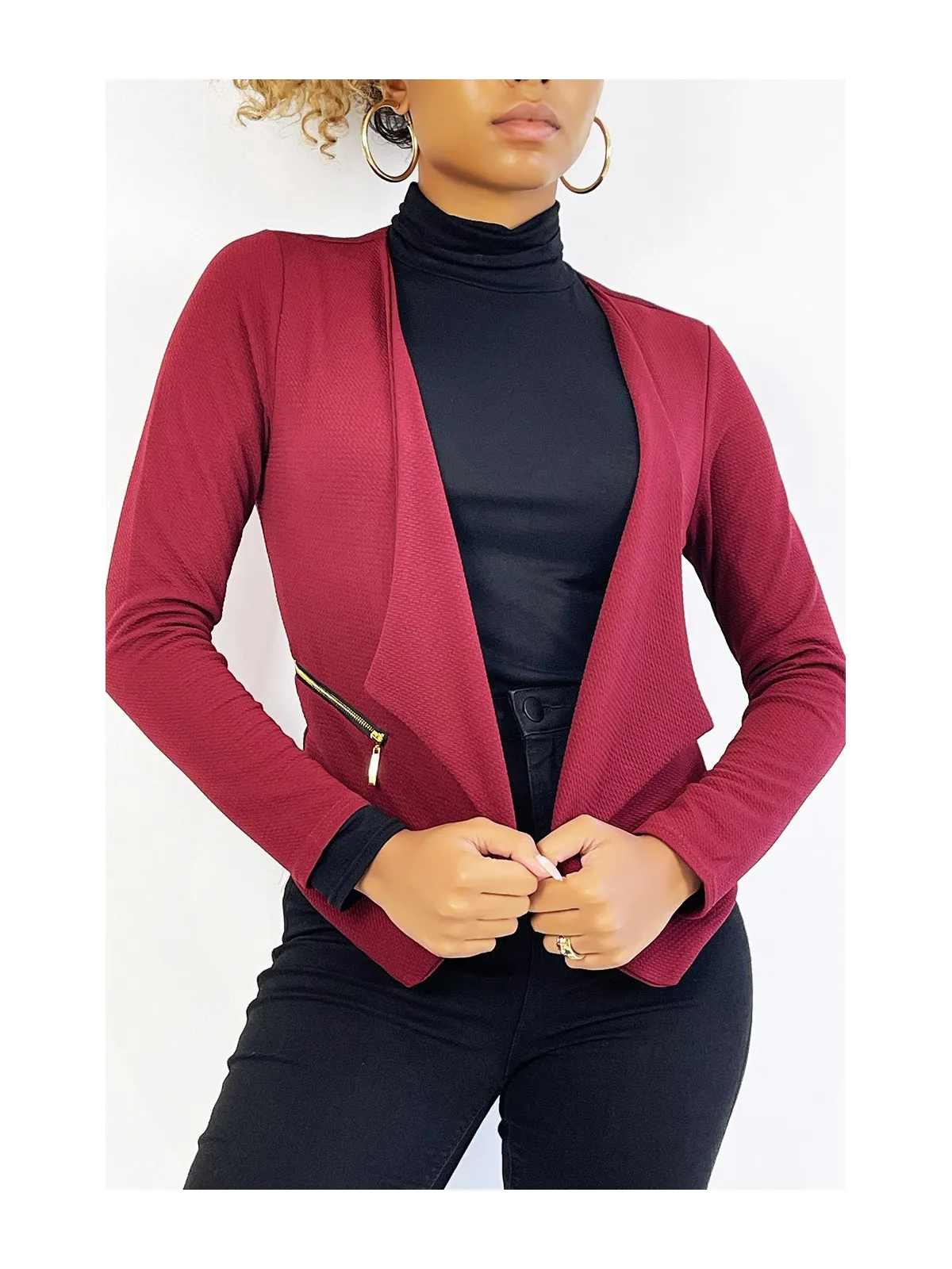 Blazer bordeaux col revers avec poches à zip. Blazer femme pas cher