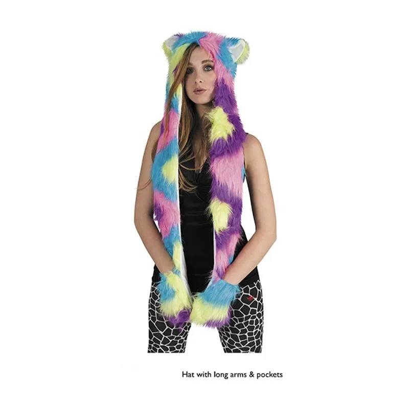 Bonnet Peluche avec Longs côtés et Poches Couleurs Arc-en-ciel