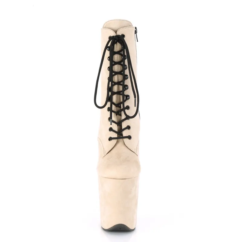 Chaussure de pole dance aspect daim beige à talon aiguille 20 cm, lacet et plateforme haute