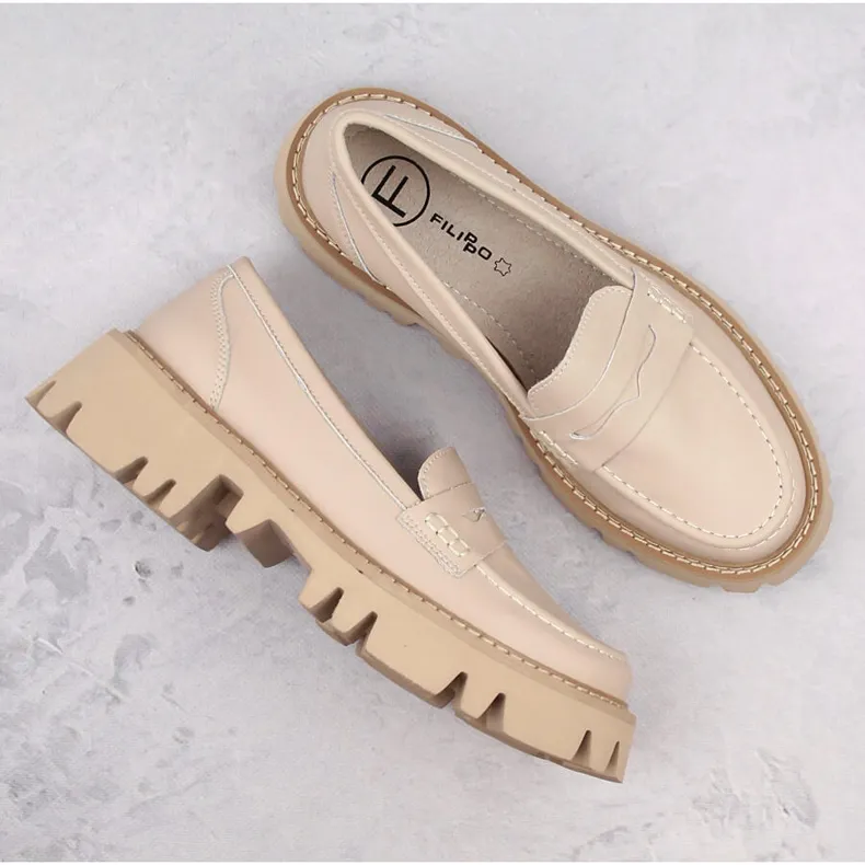 Chaussures en cuir, mocassins femme à talons et plateforme, beige Filippo DP6088