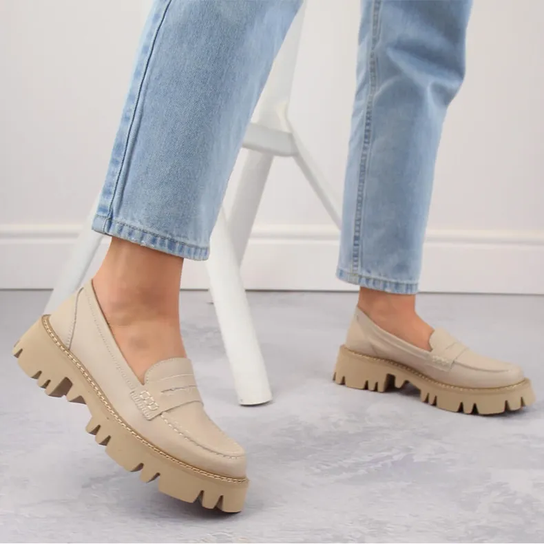 Chaussures en cuir, mocassins femme à talons et plateforme, beige Filippo DP6088