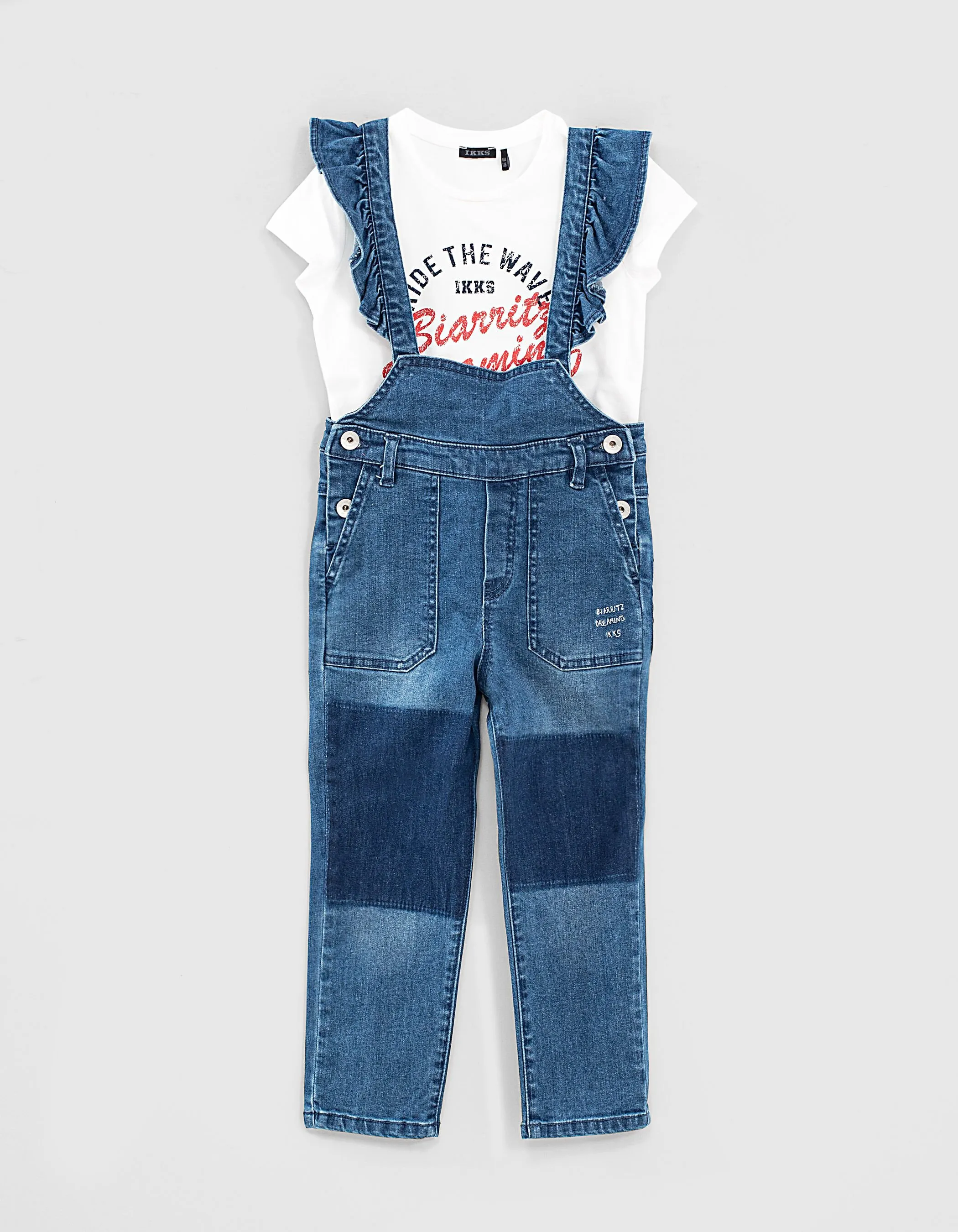 Ensemble salopette jean et T-shirt écru bio fille