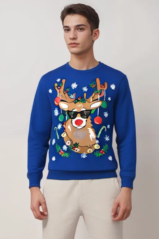 Festive Reindeer Blue Christmas Sweater