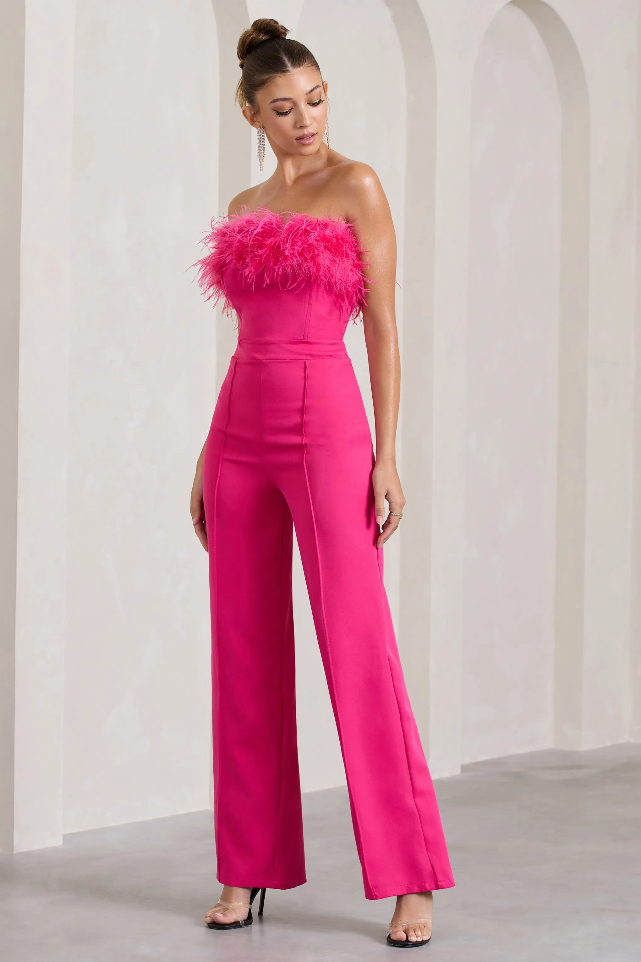 First Class | Combinaison large bandeau avec plumes de couleur rose vif