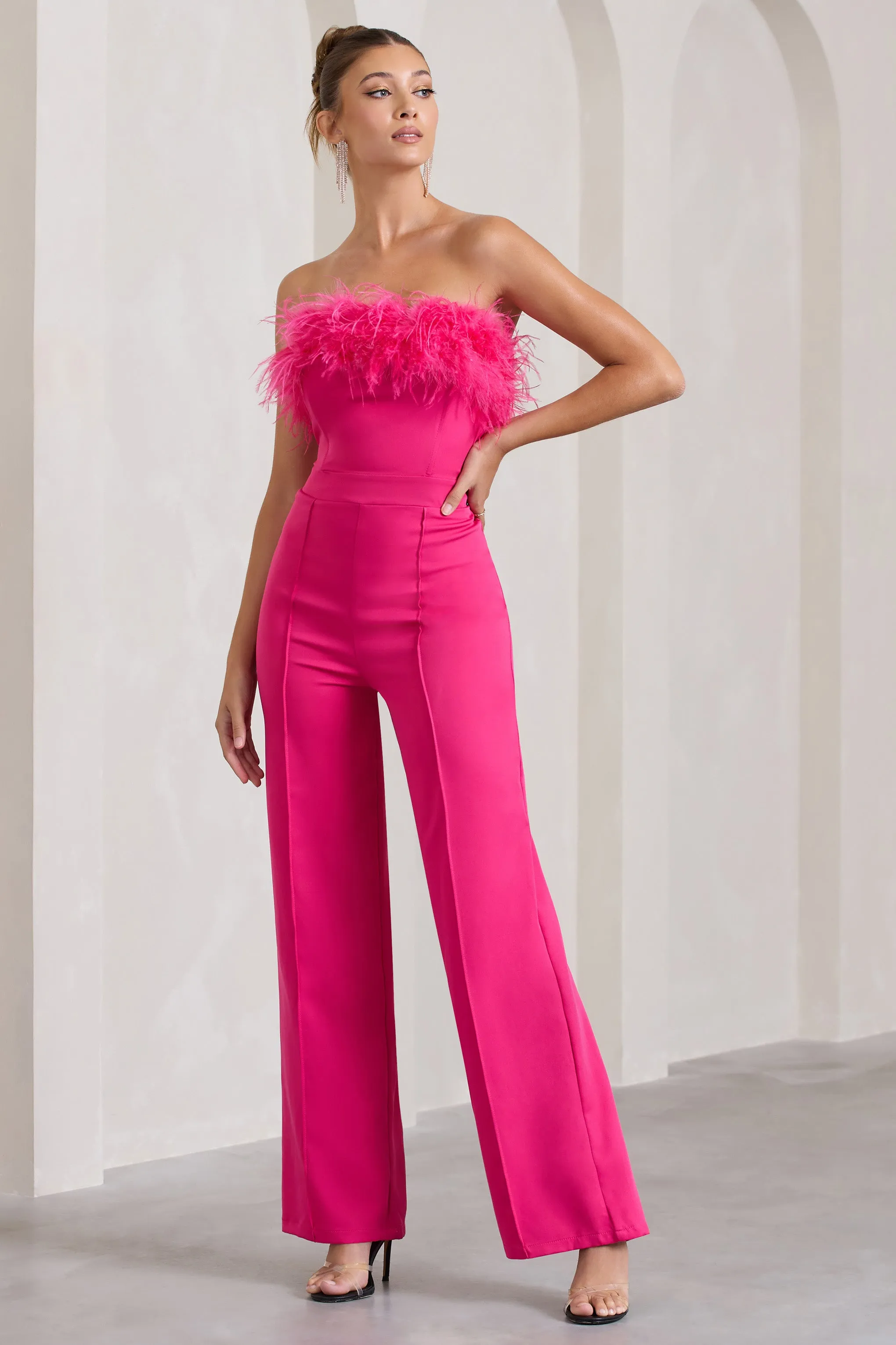 First Class | Combinaison large bandeau avec plumes de couleur rose vif