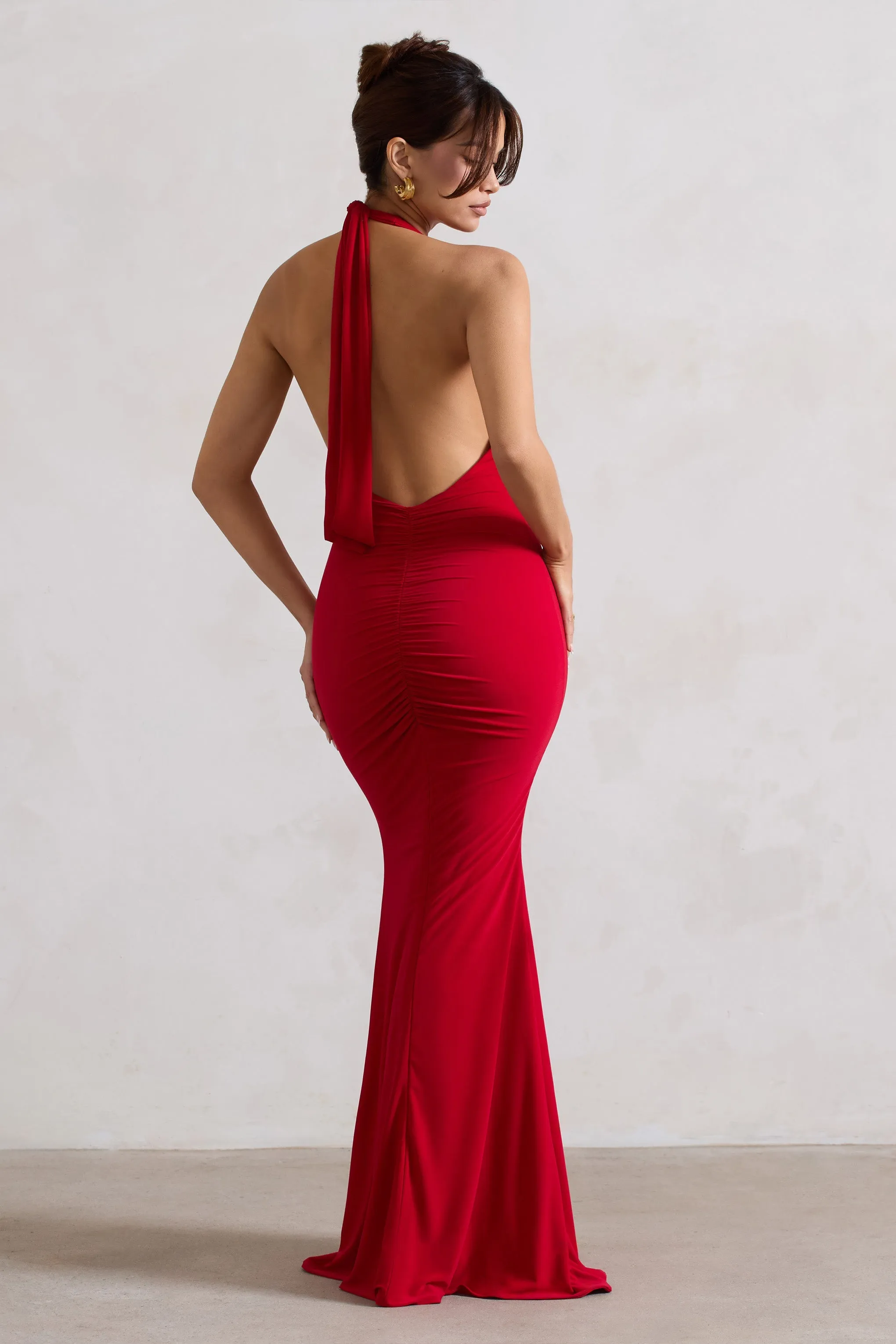 Glamour | Robe longue rouge a decollete plongeant V et fente