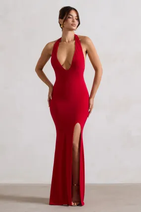 Glamour | Robe longue rouge a decollete plongeant V et fente