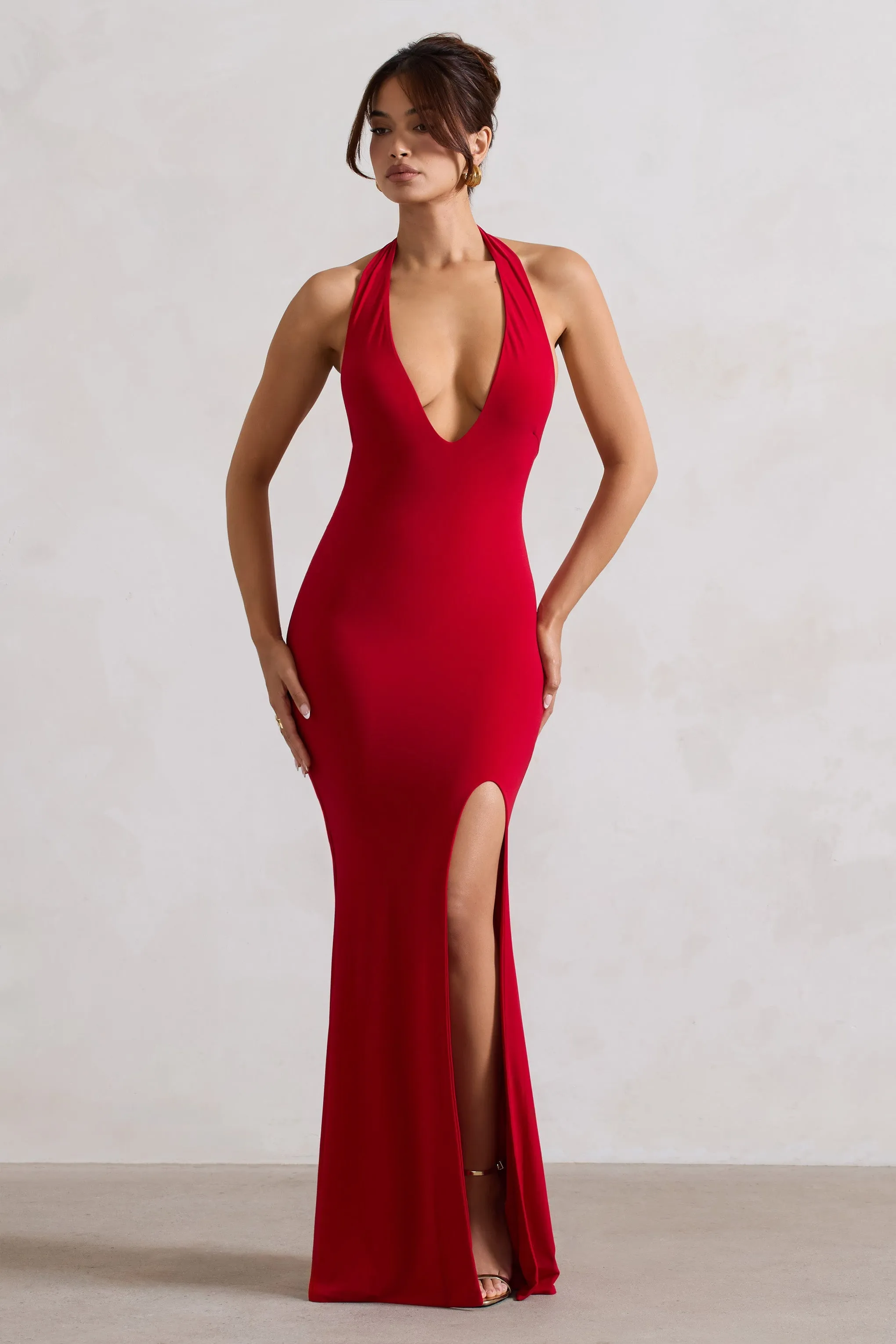 Glamour | Robe longue rouge a decollete plongeant V et fente