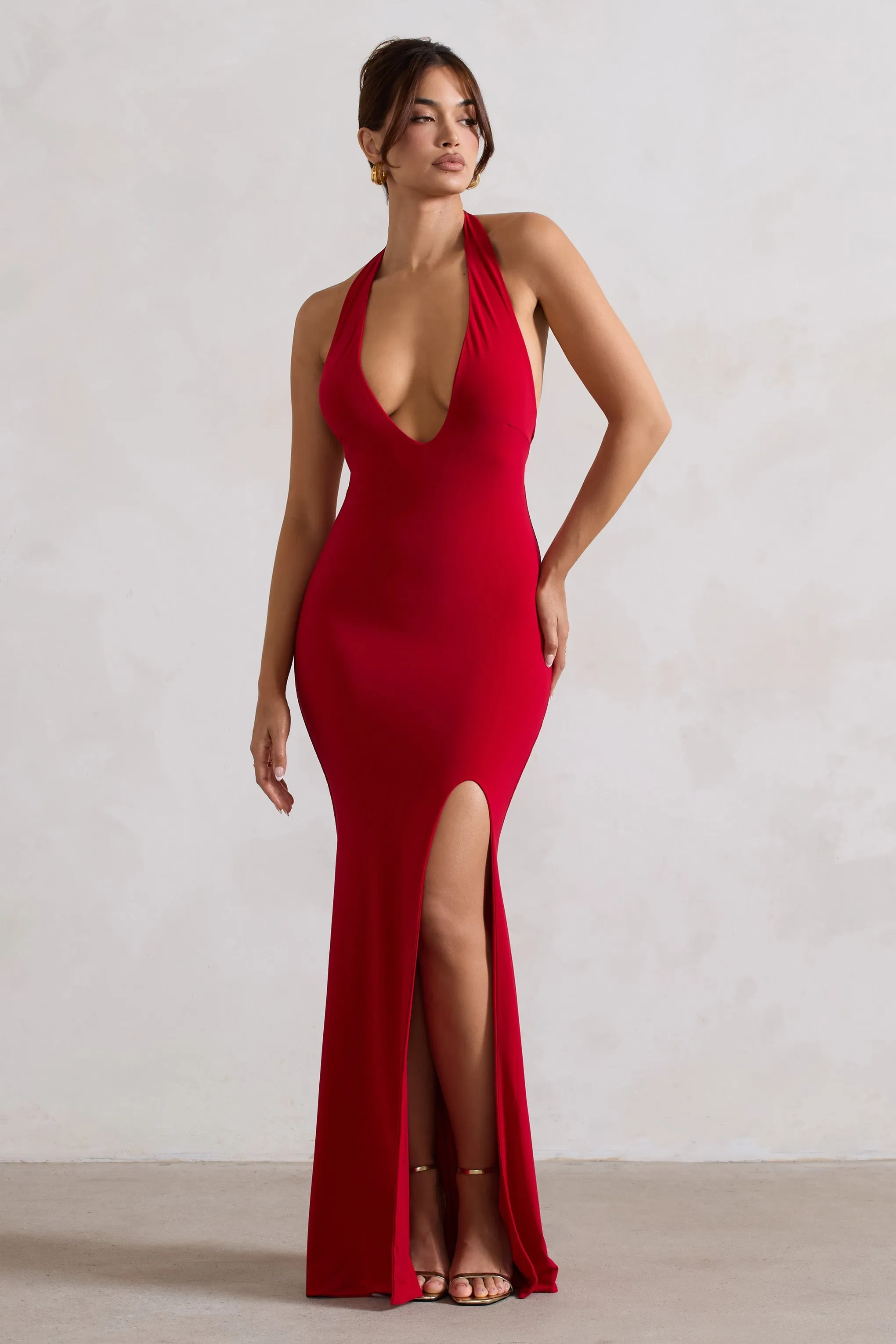 Glamour | Robe longue rouge a decollete plongeant V et fente