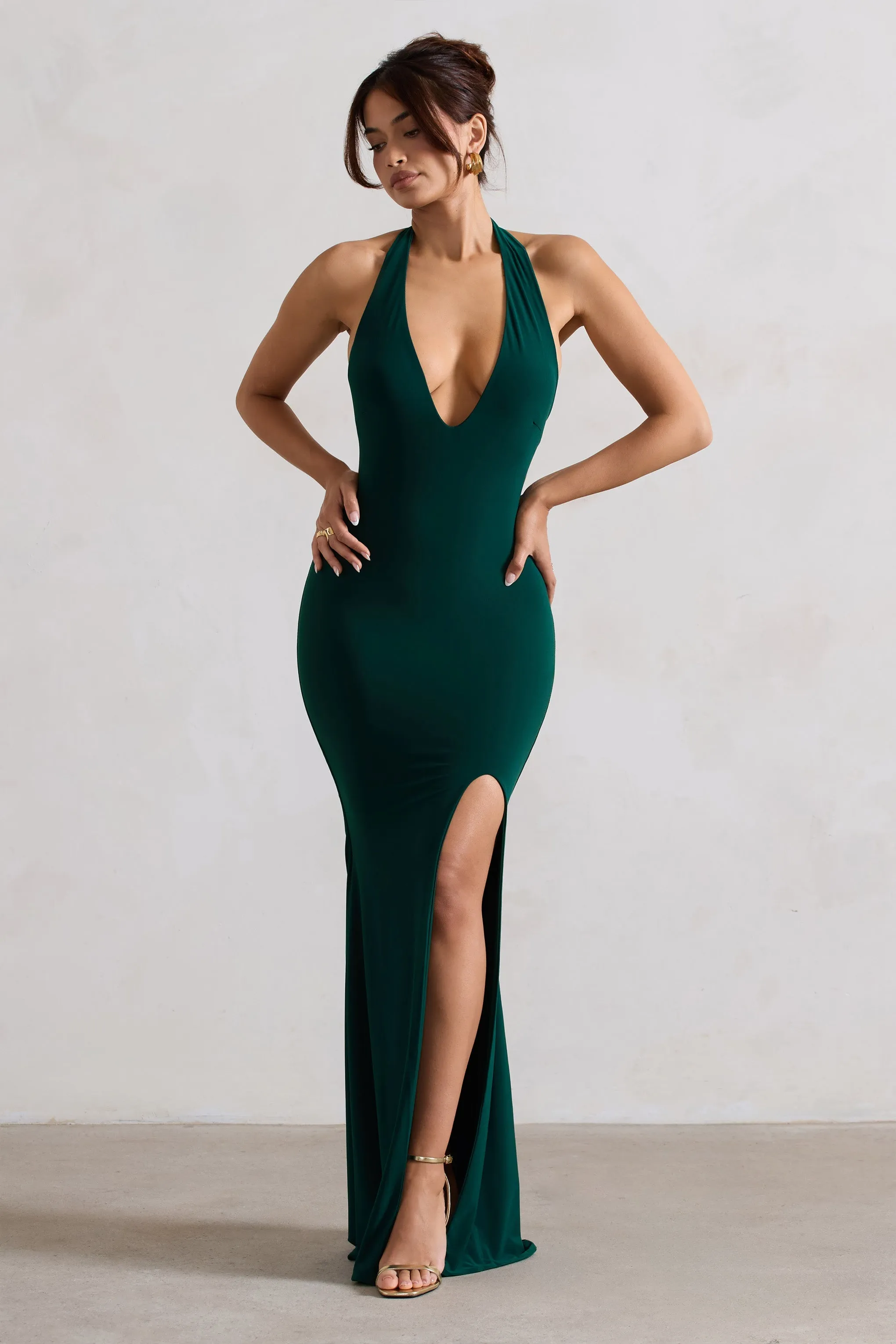 Glamour | Robe longue verte a decollete plongeant V et fente