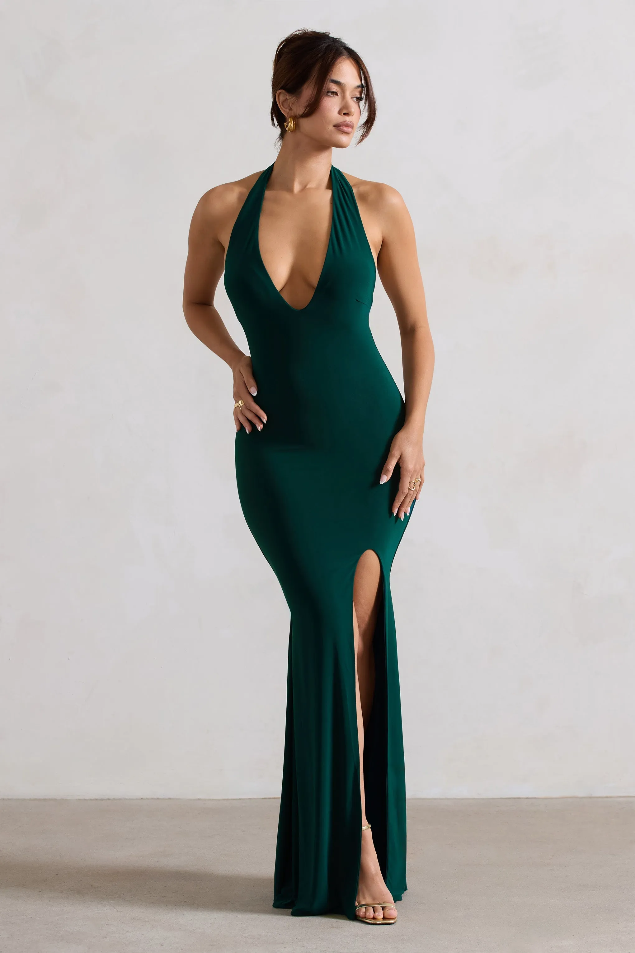 Glamour | Robe longue verte a decollete plongeant V et fente