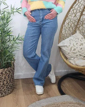 Jean femme taille haute évasé bleu clair