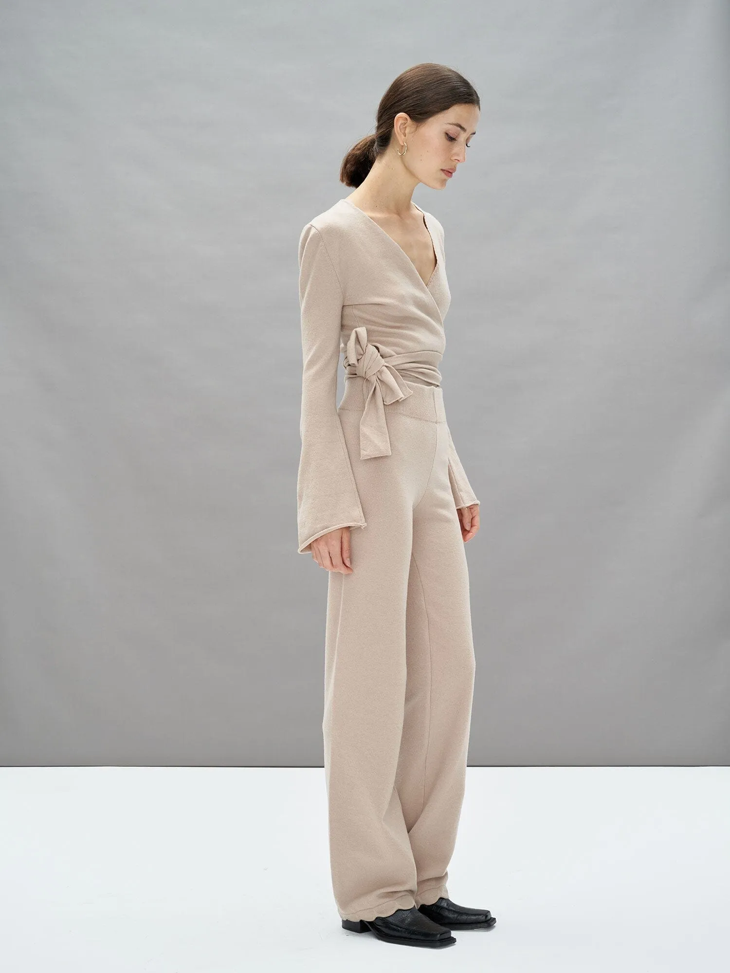 KEA - Pantalon ample taille haute bas pétale en laine mérinos Oeko Tex Beige