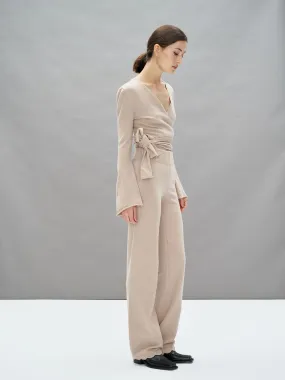 KEA - Pantalon ample taille haute bas pétale en laine mérinos Oeko Tex Beige