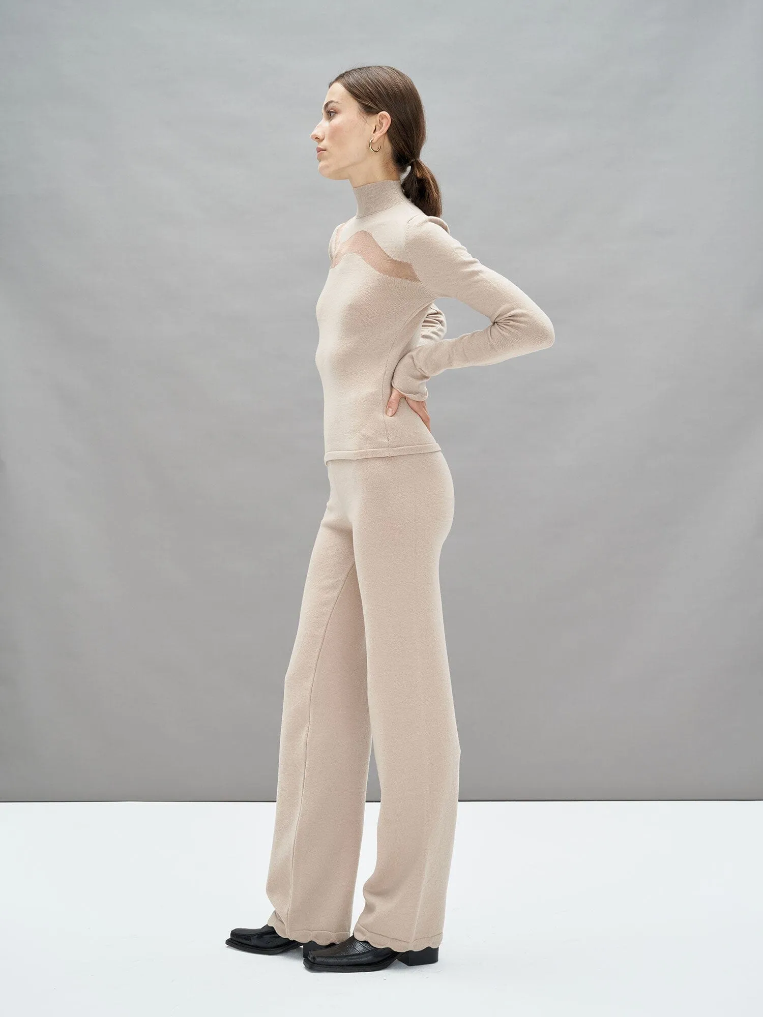 KEA - Pantalon ample taille haute bas pétale en laine mérinos Oeko Tex Beige