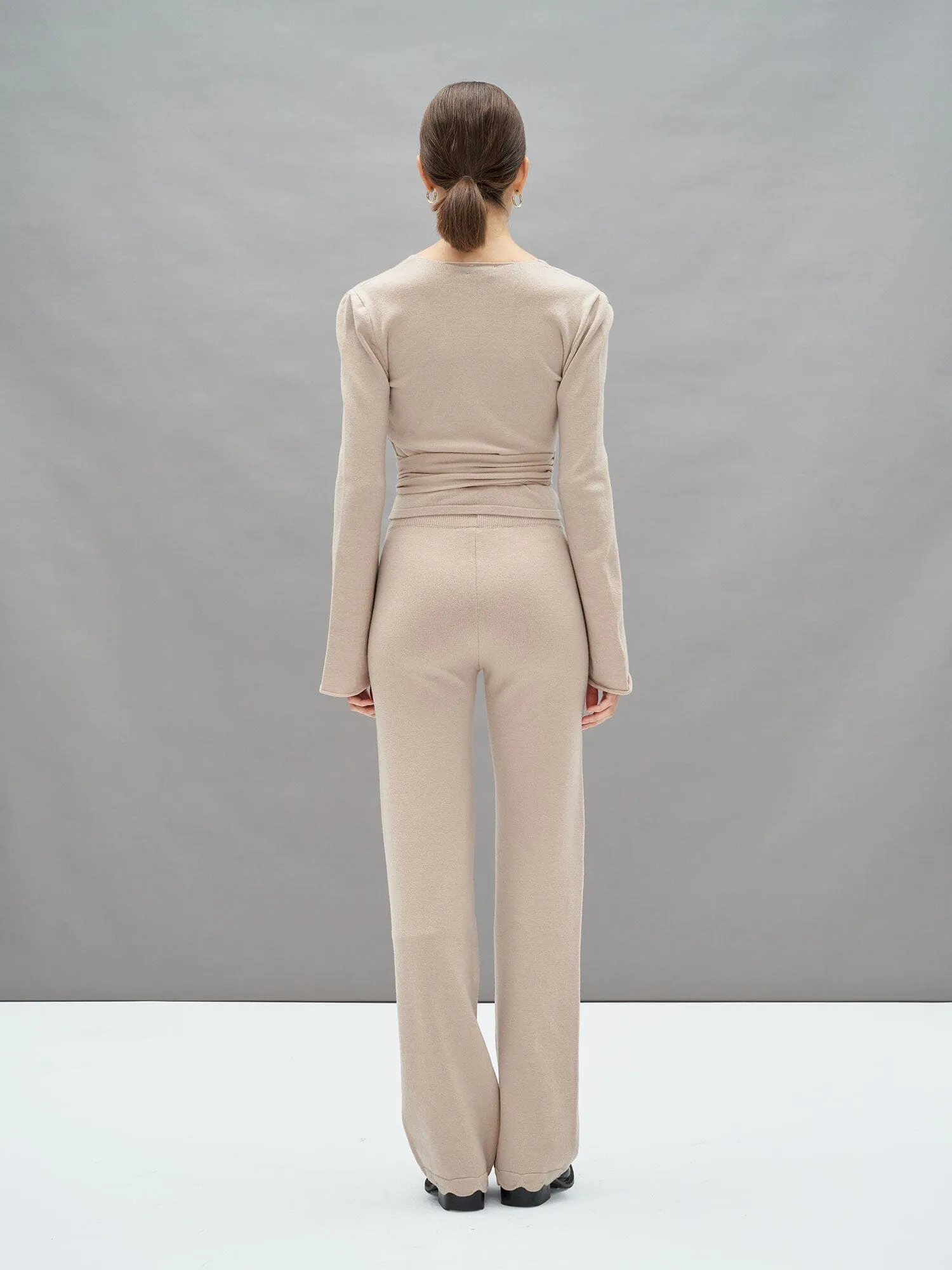 KEA - Pantalon ample taille haute bas pétale en laine mérinos Oeko Tex Beige