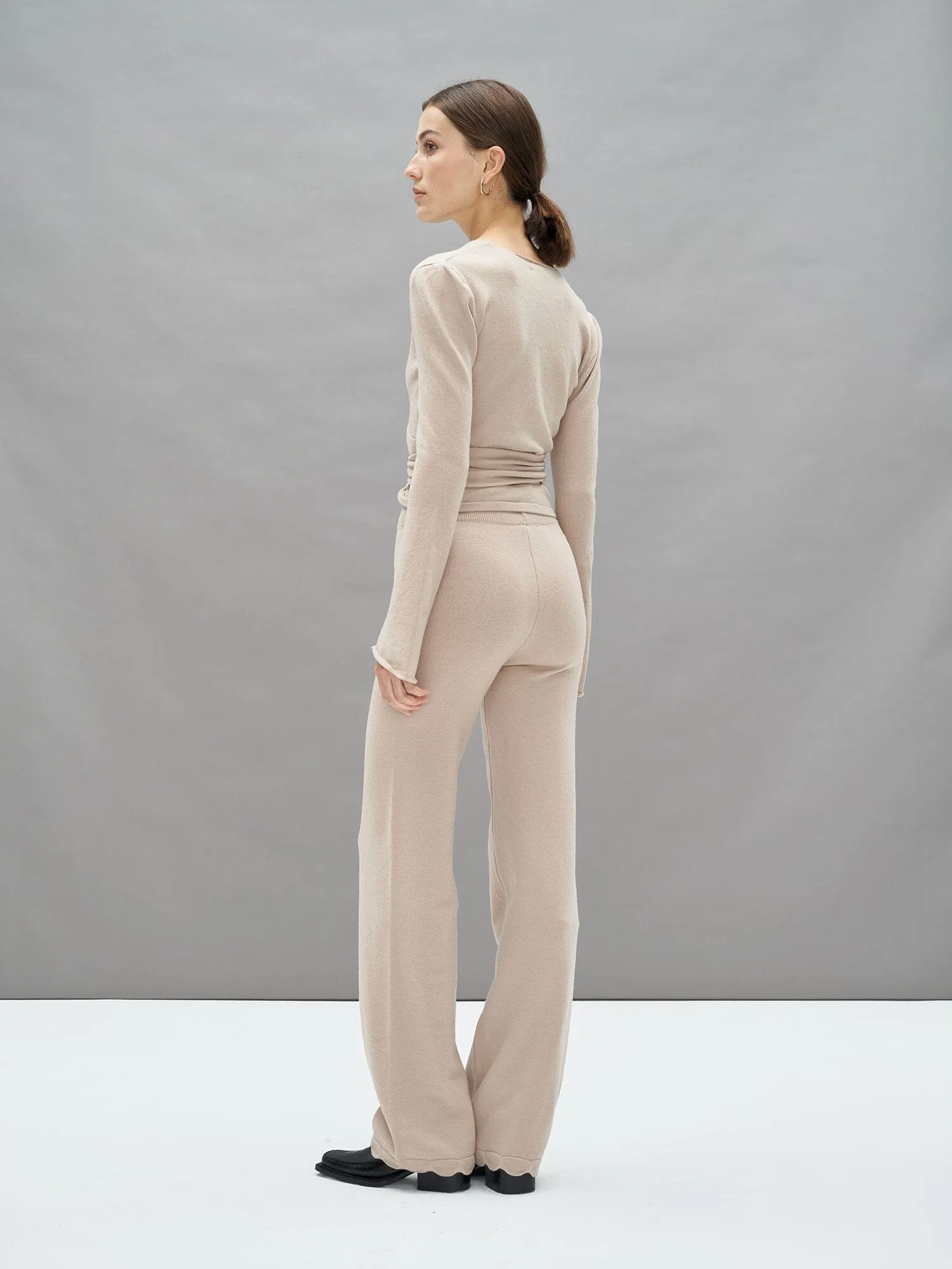 KEA - Pantalon ample taille haute bas pétale en laine mérinos Oeko Tex Beige