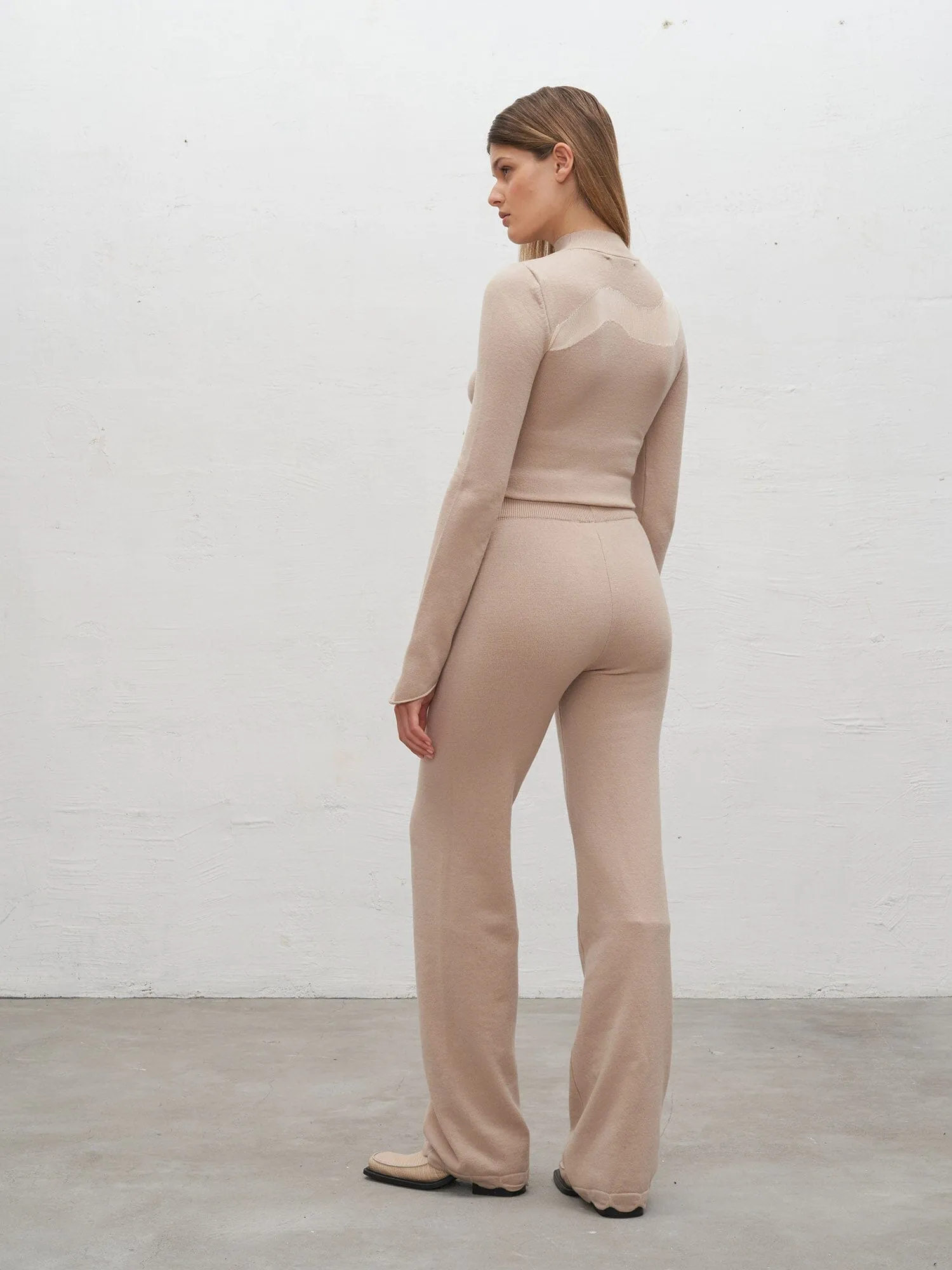 KEA - Pantalon ample taille haute bas pétale en laine mérinos Oeko Tex Beige