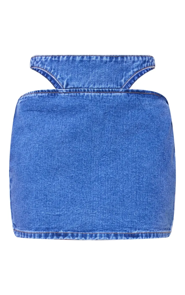 Mini jupe en jean bleu indigo délavé à taille découpée