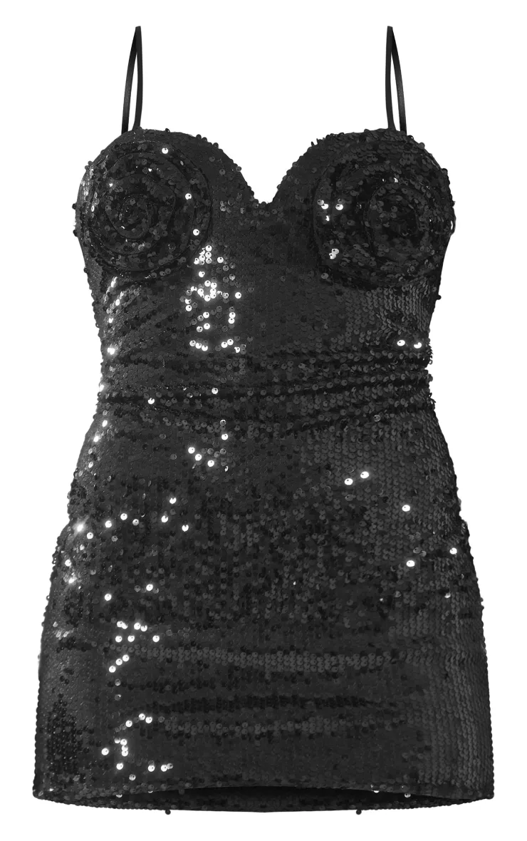 Mini-robe bustier en sequins noirs  à détail fleur