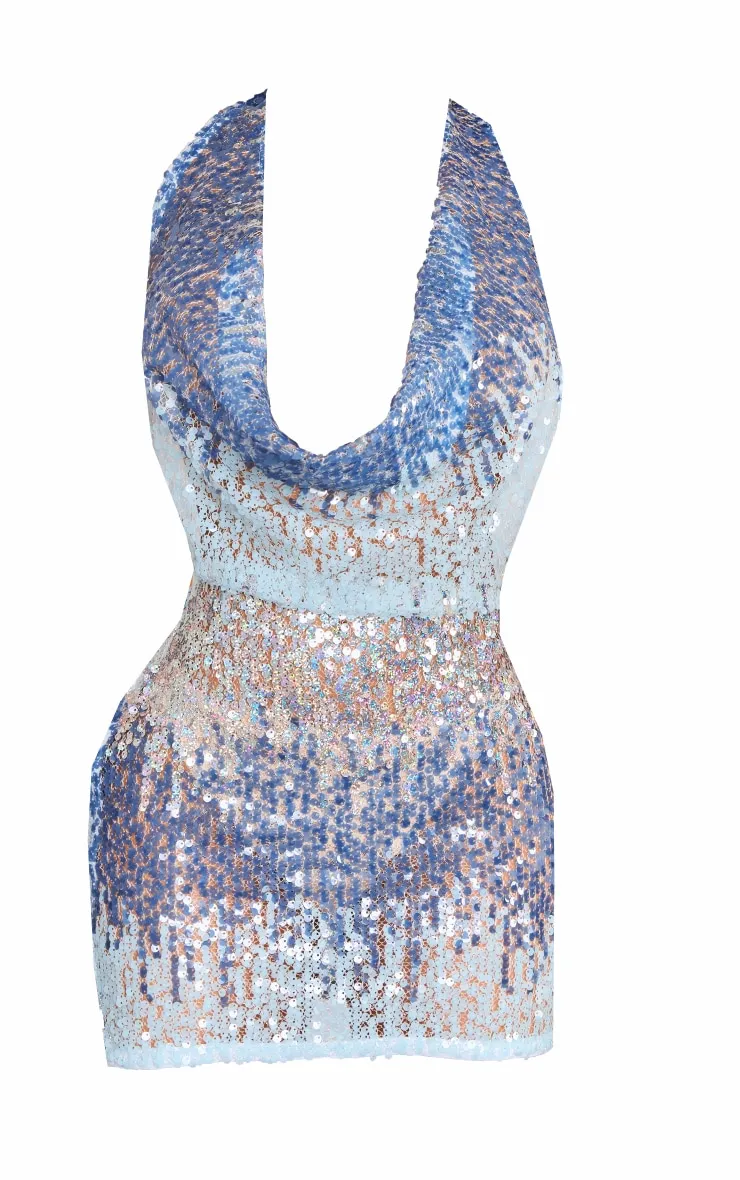 Petite Mini robe en sequins bleus effet dégradé à col bénitier