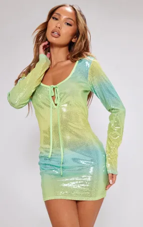 Petite Mini-robe à sequins vert dégradé et manches longues