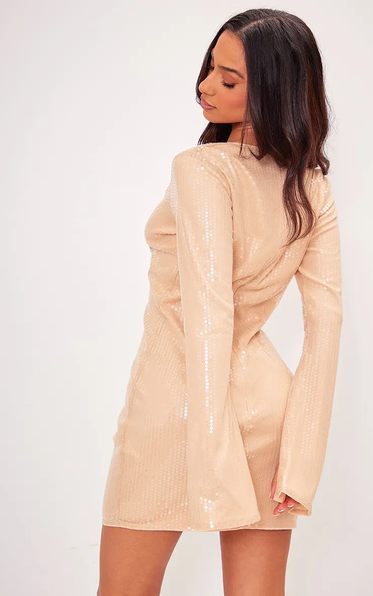 Petite Robe droite en sequins nude nouée devant à manches flare