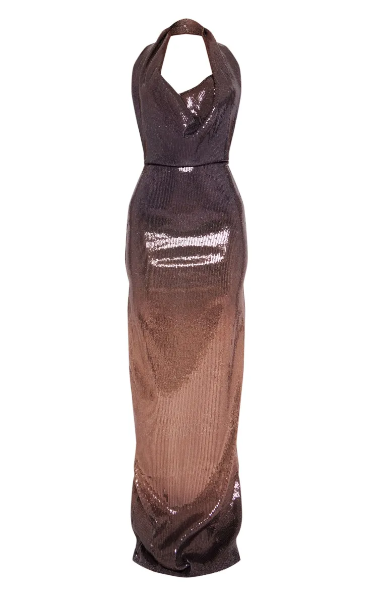 Petite Robe longue marron dégradée à sequins et col bénitier