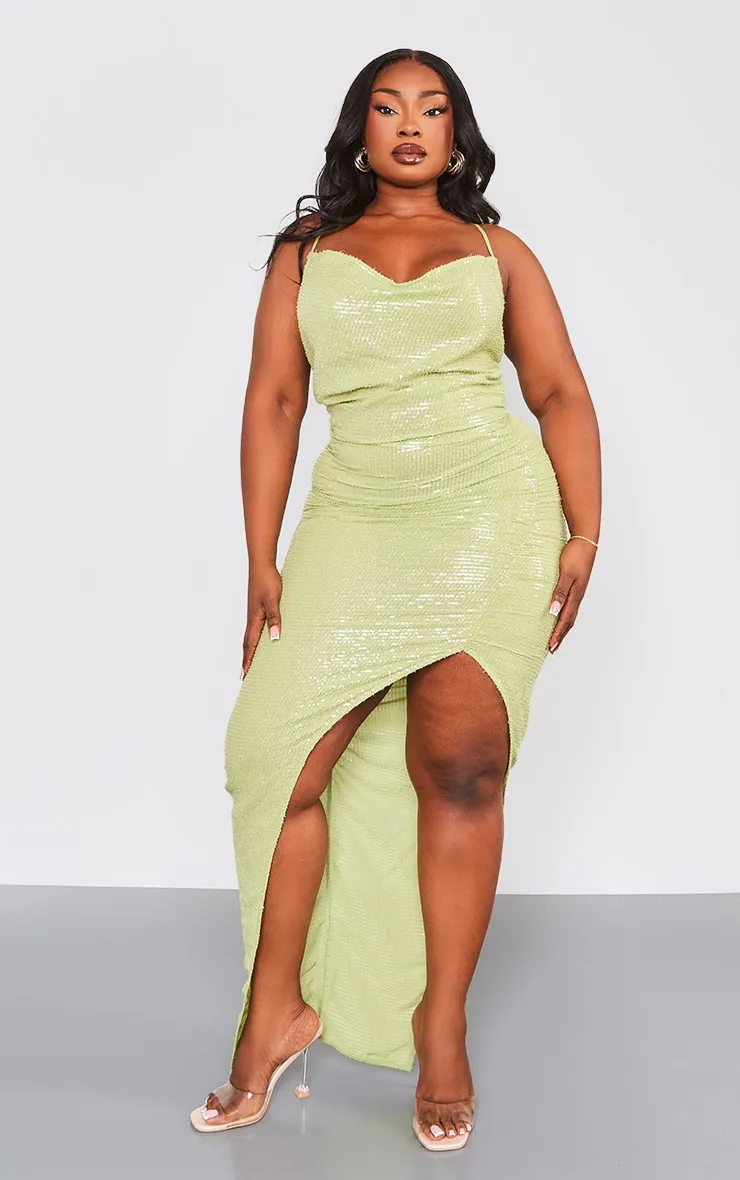 Plus Robe longe vert sauge texturée à sequins col bénitier et fente sur la cuisse