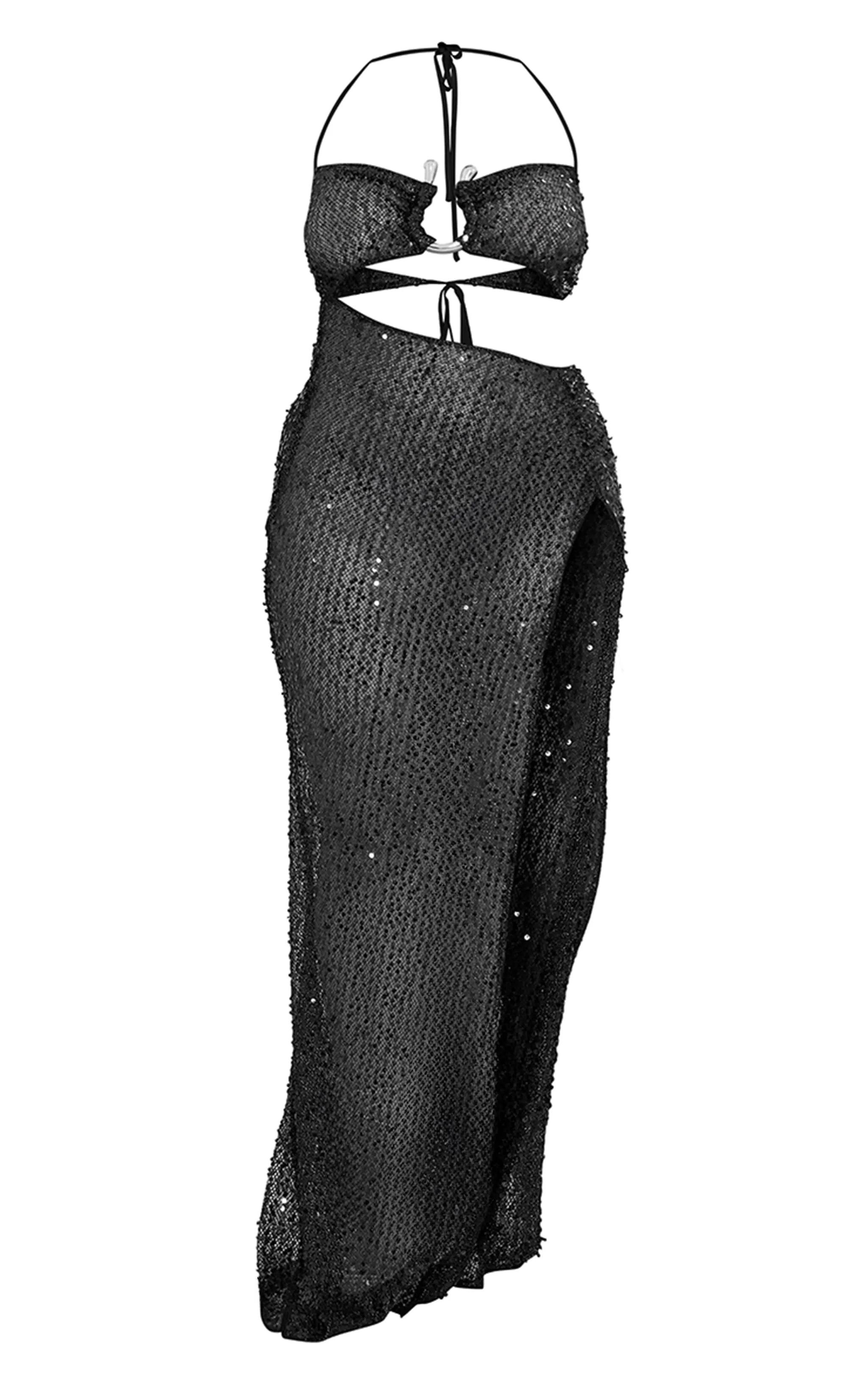 Plus Robe longue en sequins noirs à empiècements