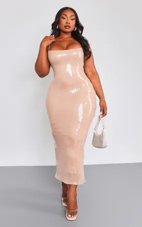 Plus Robe mi-longue en sequins nude à bretelles