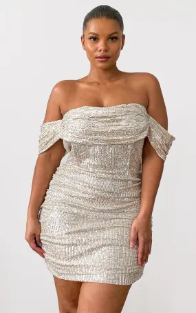 Plus Robe moulante à sequins crème et col bardot