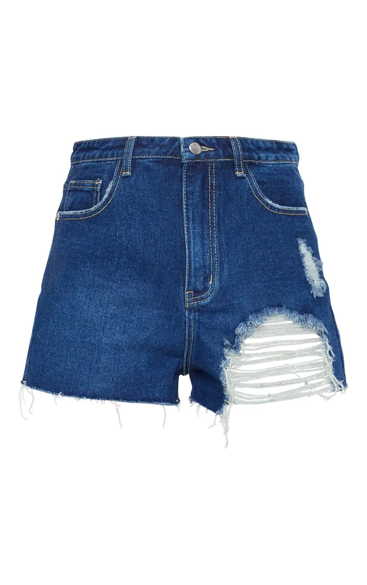 PRETTYLITTLETHING Short mom en jean bleu foncé délavé déchiré