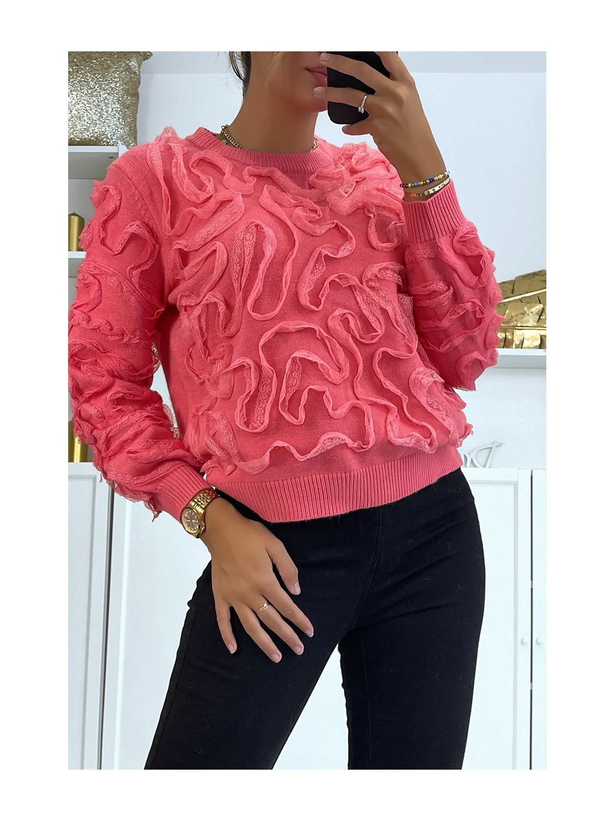 Pull corail à motif en tulle