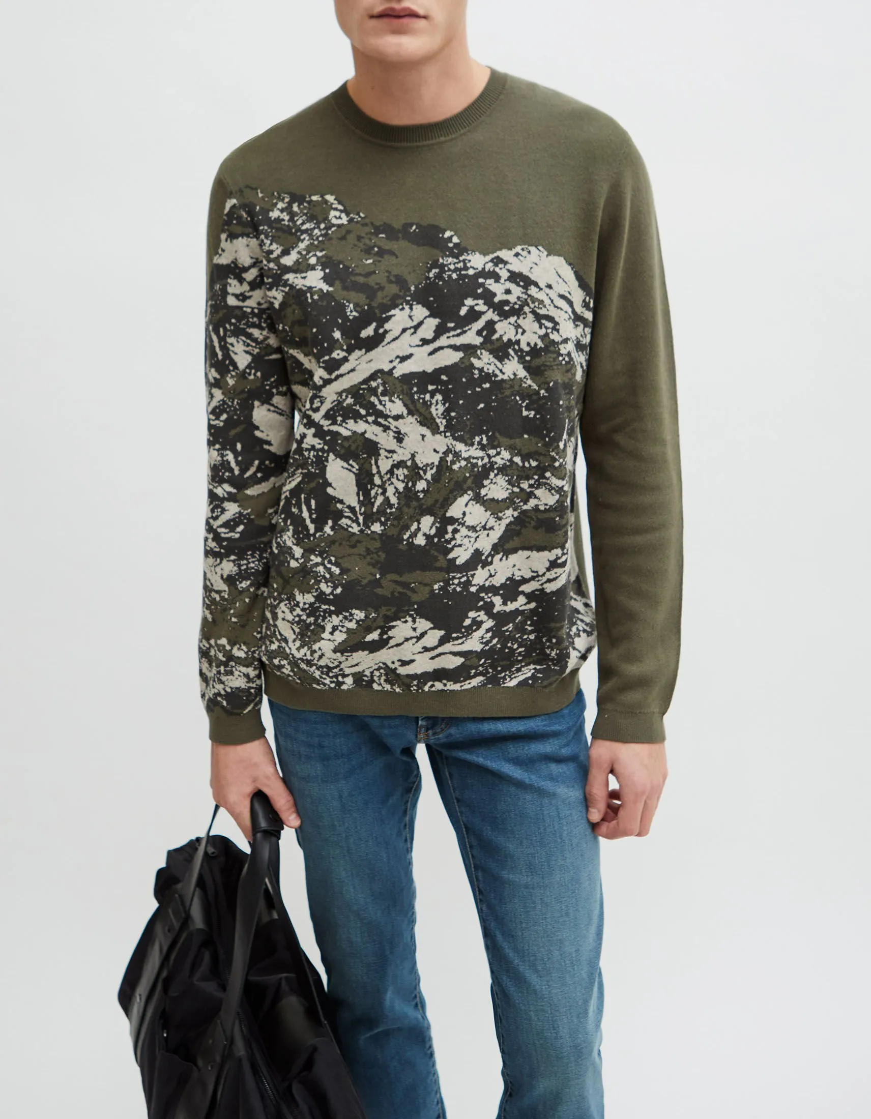 Pull sauge tricot visuel montagne Homme