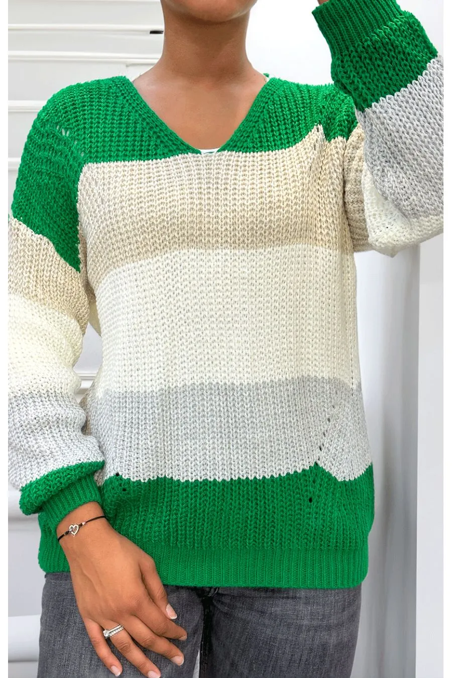 Pull vert grosse maille col v