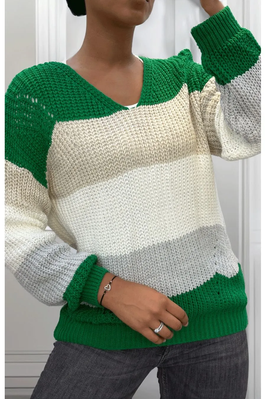 Pull vert grosse maille col v