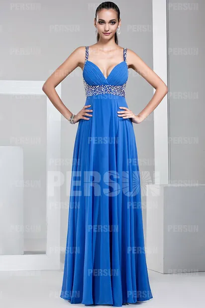 Robe bleu sexy longue empire à col V plongeant pour gala - Robedesoireelongue.fr