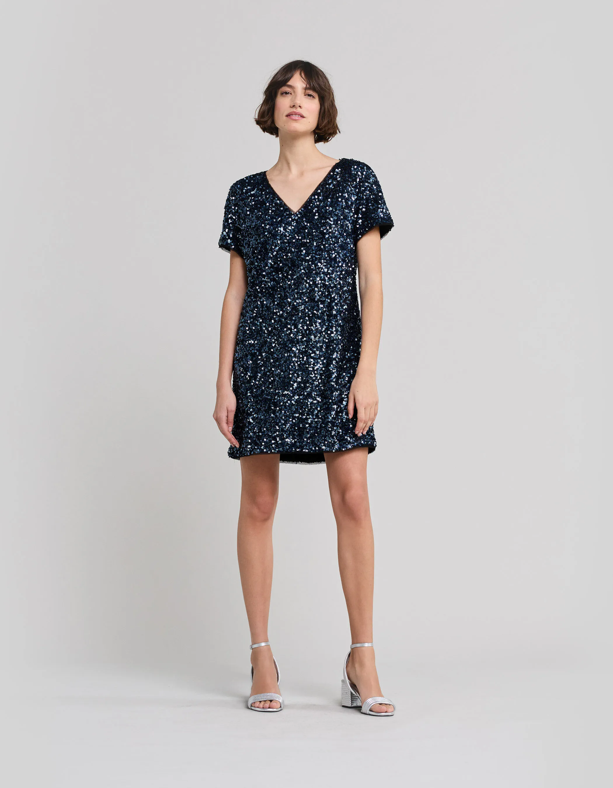 Robe bleue brodée sequins réversible Femme