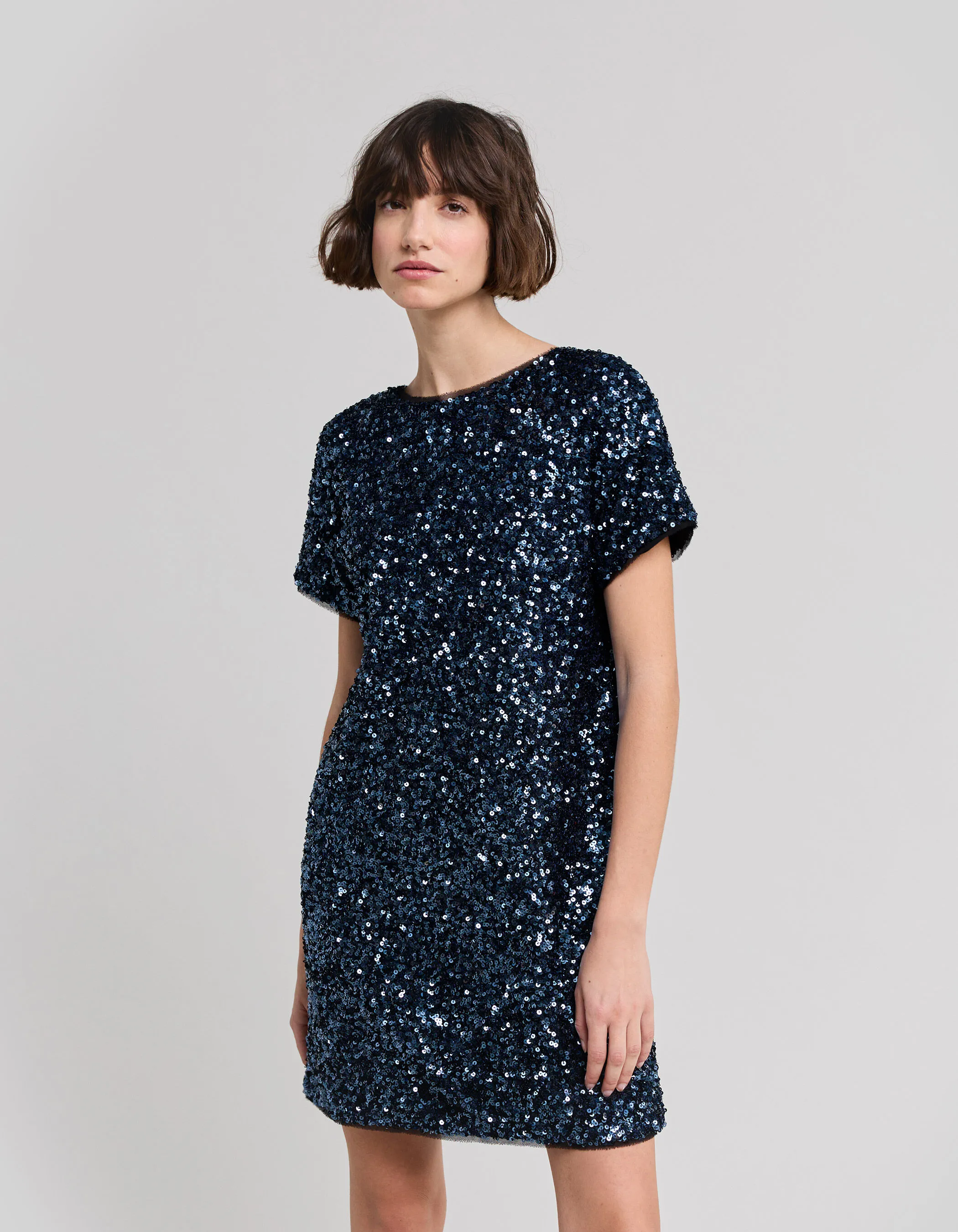 Robe bleue brodée sequins réversible Femme