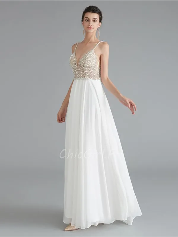 Robe De Bal Sexy Longue Dos V Plongeant Blanche Mousseline Perle Transparent