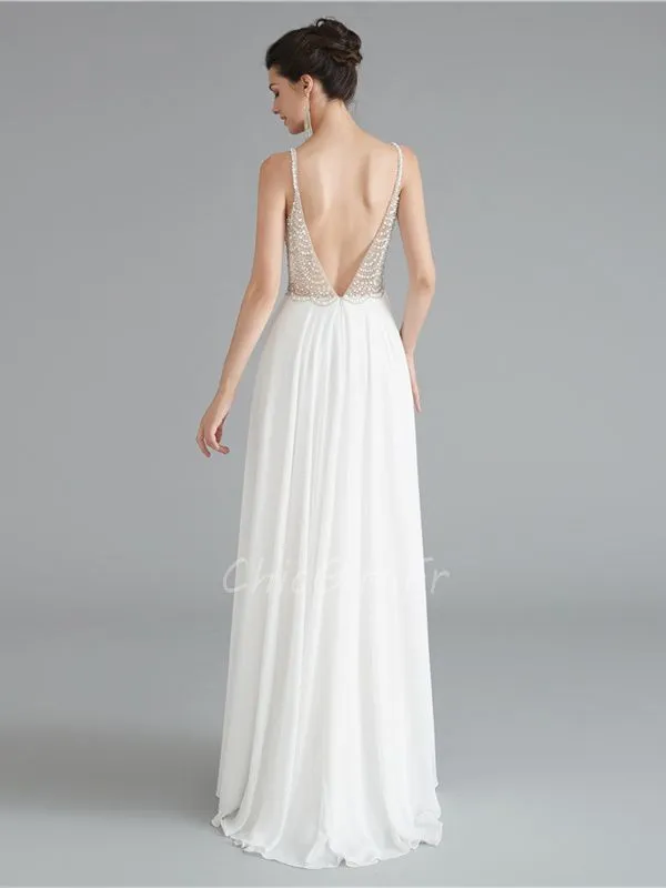 Robe De Bal Sexy Longue Dos V Plongeant Blanche Mousseline Perle Transparent