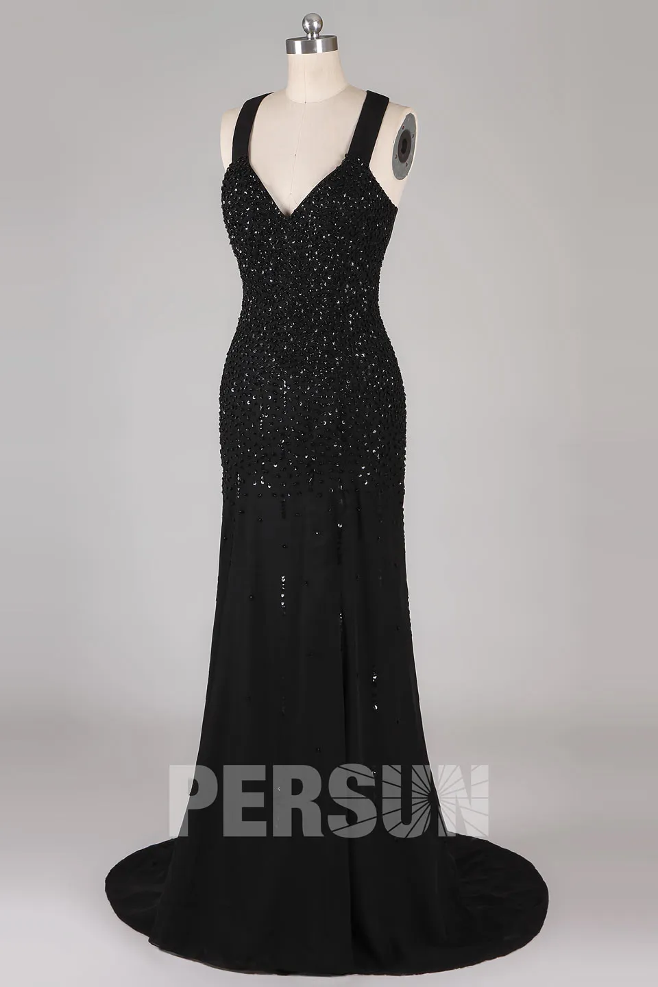 Robe de bal sirène en Mousseline noire décolletée plongeant à paillettes